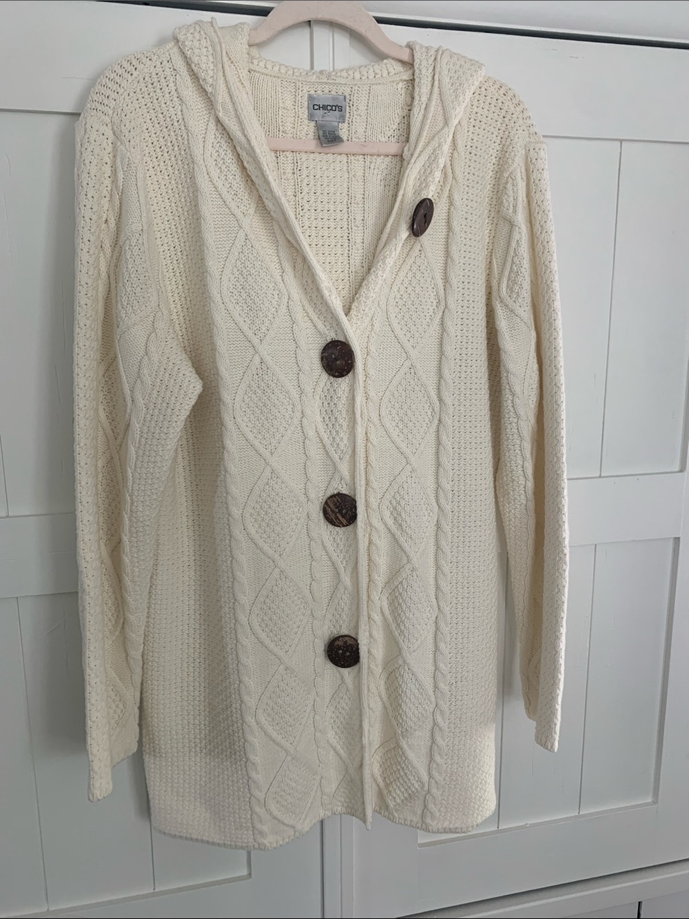 Chico’s Brand Fisherman Style Sweater Cardigan with Hood - Sz 3 (XL) - Like New